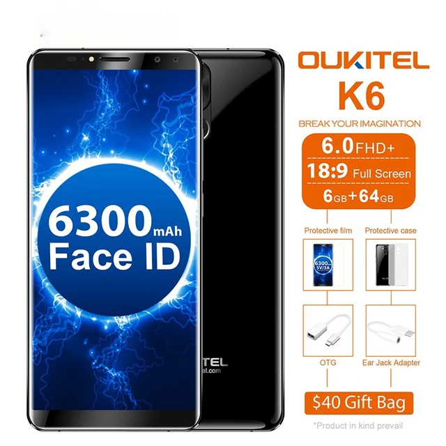 Оригинальный Oukitel K6 смартфон 6,0 "MTK6763 Octa Core Android 7,1 6 ГБ Оперативная память 64 ГБ Встроенная память 21MP 6300 мАч 4 г Face ID смартфон