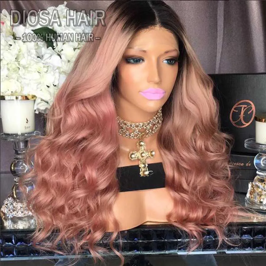 Ombre Pink wig with dark roots Ombre Full Lace Wigs Two Tone Ombre Lace