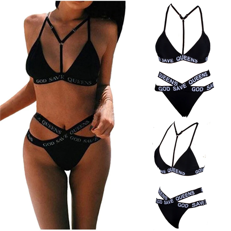 

LELINTA Women Sexy Swimwear Bra God Save Queens Letters Print Beachsuit Bikini Suit Bandage Triangle Swimsuit Black Bikini Set