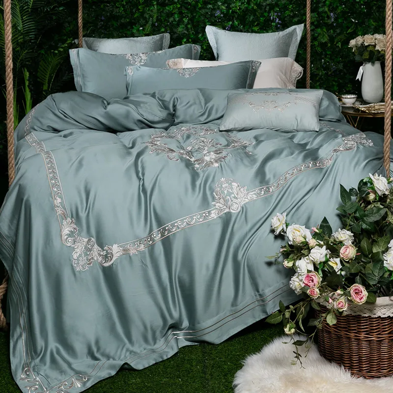 Luxury Embroidery green blue 100S Egyptian cotton Wedding Bedding sets