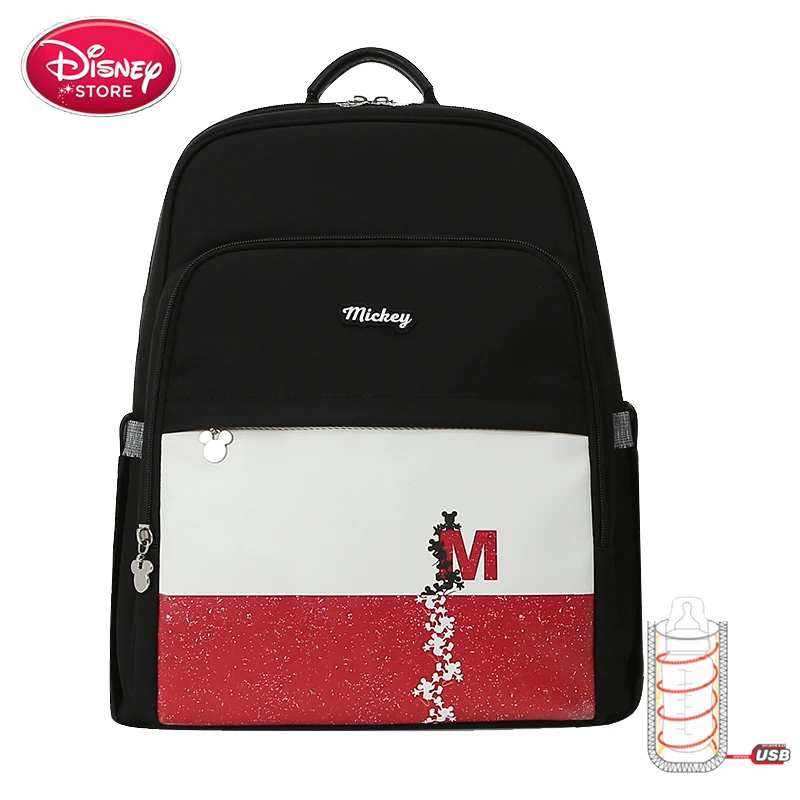 Дисней детские сумки для подгузников Микки Минни Маус Мама сумки Дисней сумка для подгузников рюкзак для ухода за ребенком Оксфорд USB сумка для кормления - Цвет: black red