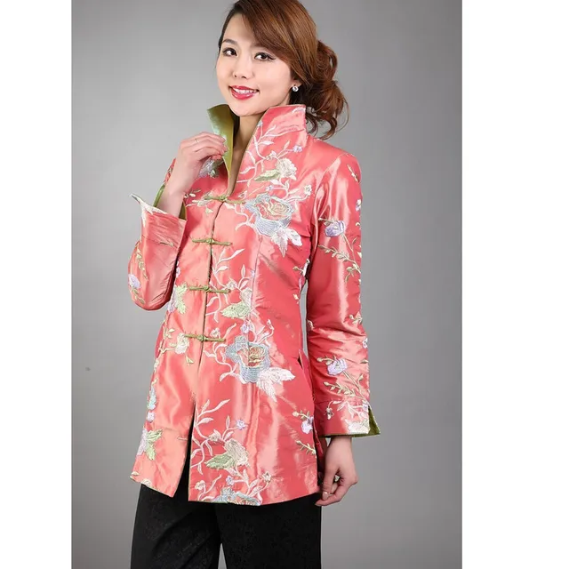 Special Offer Pink Women's Silk Satin Jacket Mandarin Collar Long