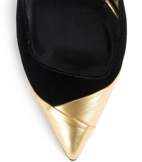Moraima Snc/черные и золотые туфли-лодочки на шпильке с ремешком на щиколотке; женские туфли на тонком каблуке с острым носком; модельные туфли на каблуке