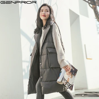 

GENPRIOR Fashion Casual Autumn New Women Cotton Solid Cardigan Vest Turn-down Collar Large Pocket Thick Leather Female Long Vest