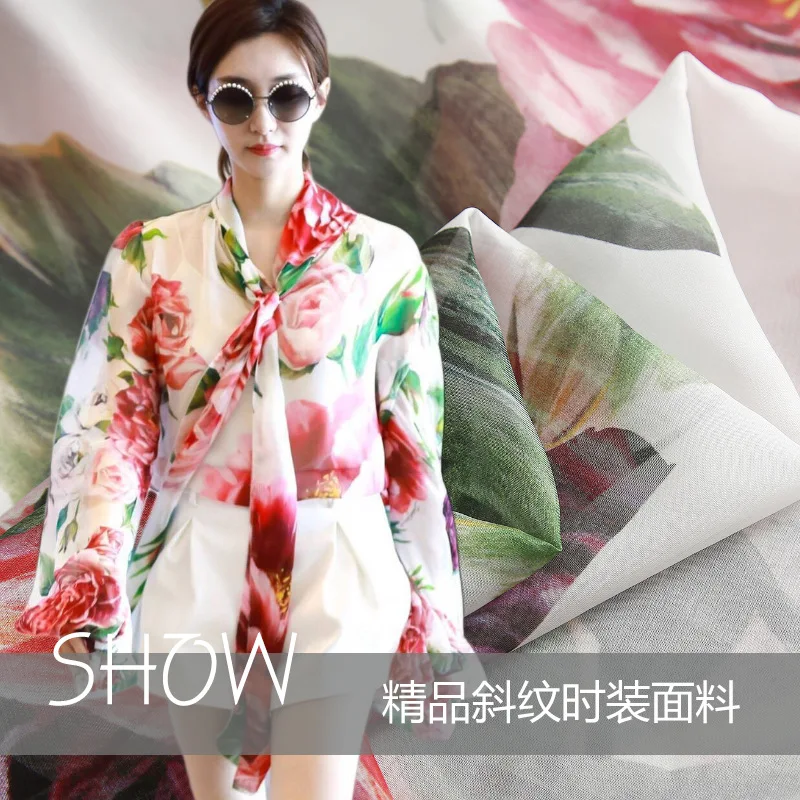 

2018 new fashion catwalk chiffon beads printed natural silk chiffon fabric women's fabric dress shirt cloth processing custom