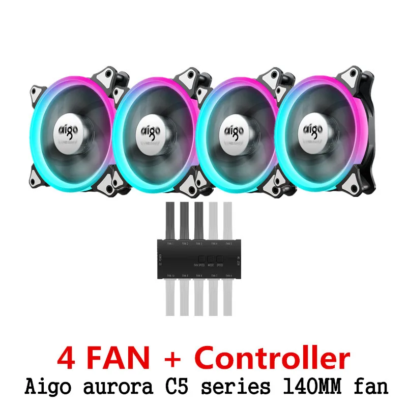 Aigo aurora C5 радужные огни разноцветные RGB регулируемый цветной вентилятор 140 мм светодиодный ПК Компьютер охлаждающий кулер бесшумный чехол контроллер вентилятора - Цвет лезвия: 4 fans and Remote