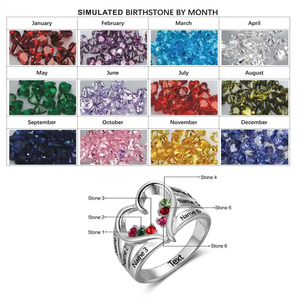 Новое выгравированное кольцо из Рафинированного Серебра с 6 каменями, соответствующий месяцу своего рождения. Меморативные обручальные кольца с Бесплатной подарочной коробку(JewelOra RI102734