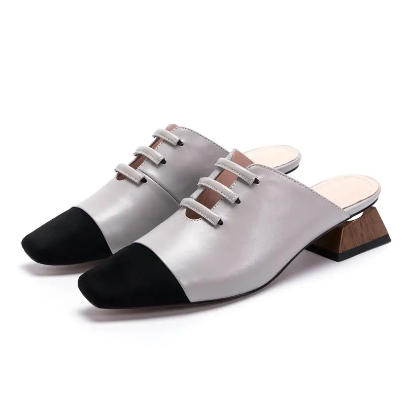 

ALLBITEFO soft natural genuine leather women flip flops medium heels women summer shoes fashion sexy women slippers slides