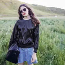 Женская рубашка модные повседневные Длинные рукава Круглый воротник рубашки женские топы новинка Осень из искусственной кожи BL