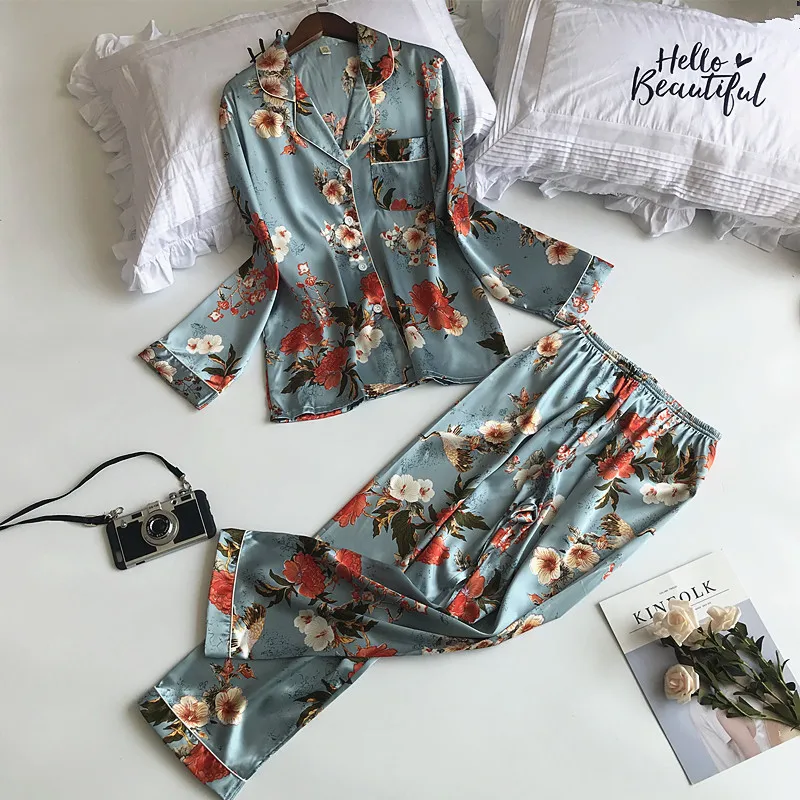Fdfklak Винтаж печати шелковые пижамы для женщин демисезонный пижамный комплект дамы ночное белье lounge pijama mujer