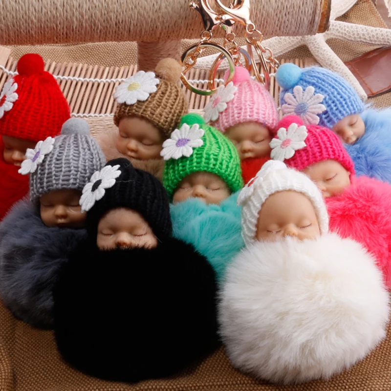 

New Sleeping Baby Keychain Fake Fur Pom Pom Key Chain Women Trinket Car Key Ring Keychain Jewelry Gift Fluffy Keychain On Bag