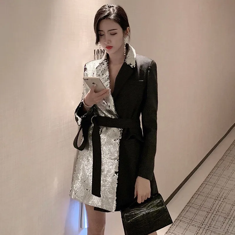 

Heavy Sequins Blazer Coat Female Lapel Long Sleeve Bandage Women's Suits Casual Fashion 2019 Autumn Large Sizes