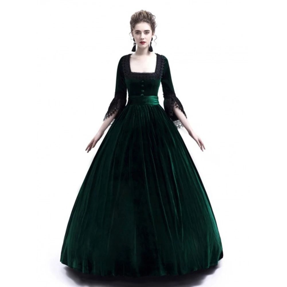High Quality Medieval Dress Women Vintage Sqaure Collar Long Dresses Costume Renaissance Gothic Costume Gown Halloween Cosplay