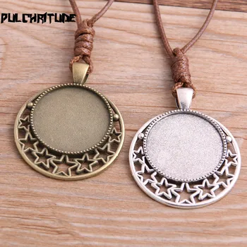 

2pcs Zinc Alloy Two Color 25mm Round Star Cabochon Settings Blank Cameo Pendant Base Tray With Leather Cord For Jewelry Making