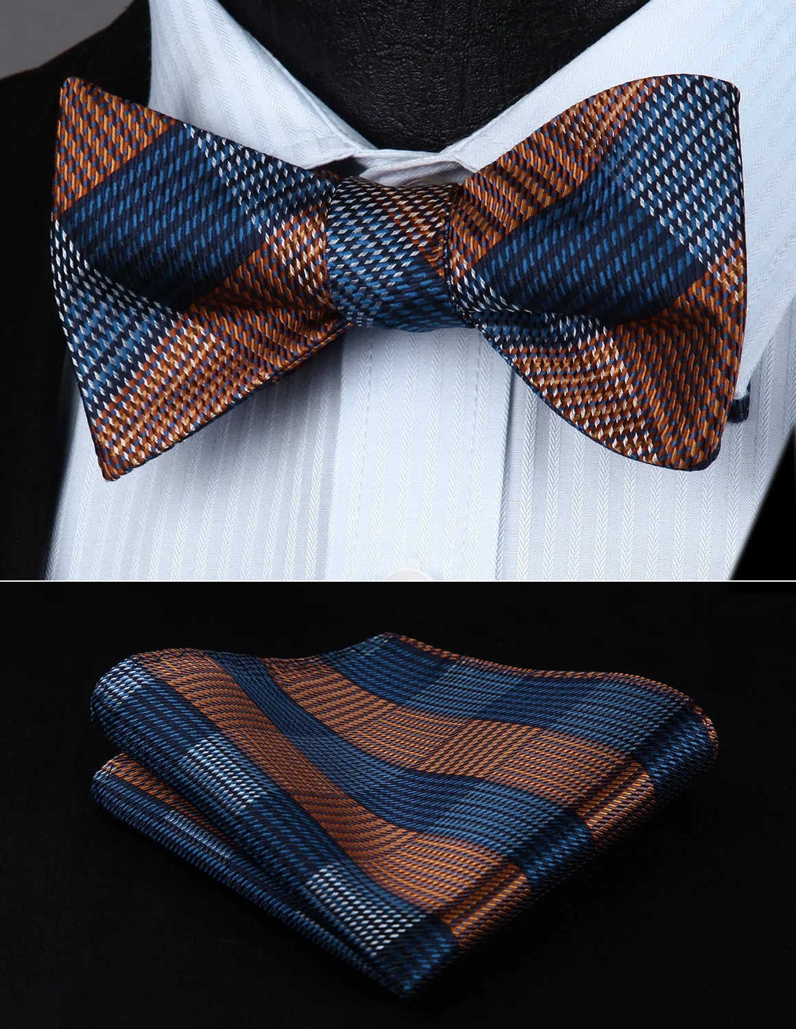 

BG601NS Check Blue Brown Wedding Bowtie Men Silk Self Bow Tie handkerchief set