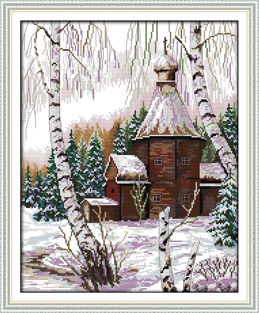 Winter scenery cross stitch kit snow tree pre printed count 18ct 14ct