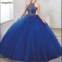 Золотое вышитый бисером халтер Бальные платья длинное бальное платье со шнуровкой сзади Пышная юбка выпускного вечера вечерние платья для 15 лет