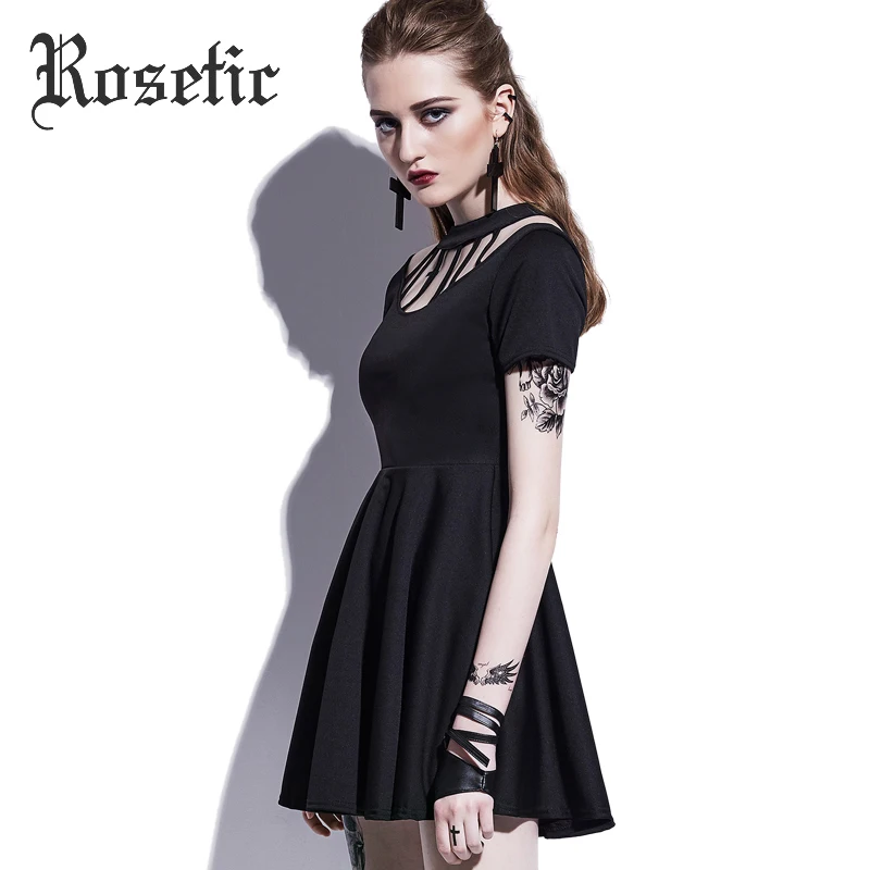 Rosetic Gothic Dresses Black Hollow Backless Short Sleeve 2017 Summer High Waist A Line Plain Above