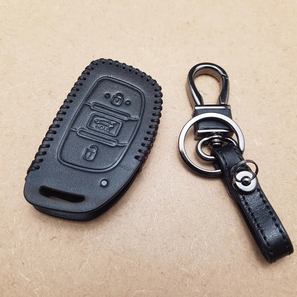 Genuine Leather BLACK Key Fob Holder Case & Metal Chain For Hyundai