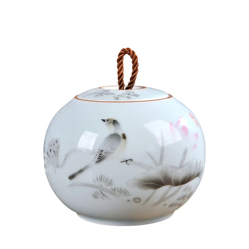 

Chinese Ceramic Kingfisher lotus Big Tea Caddy Box Porcelain Sealed Kung Fu Tea bottles & jars Storage Canister Decorative Vase