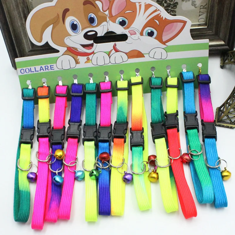 

12 PSC Fashion Adjustable Nylon Colorful Pet Collar Bells Rainbow Dog Collar Cat Neck Circle Small Dog