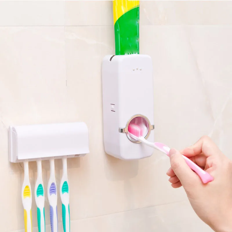 

Wall Mount Rack Hot Sale Automatic Toothpaste Squeezers Toothpaste Dispenser with Toothbrush Holder Bathroom Accessories Set