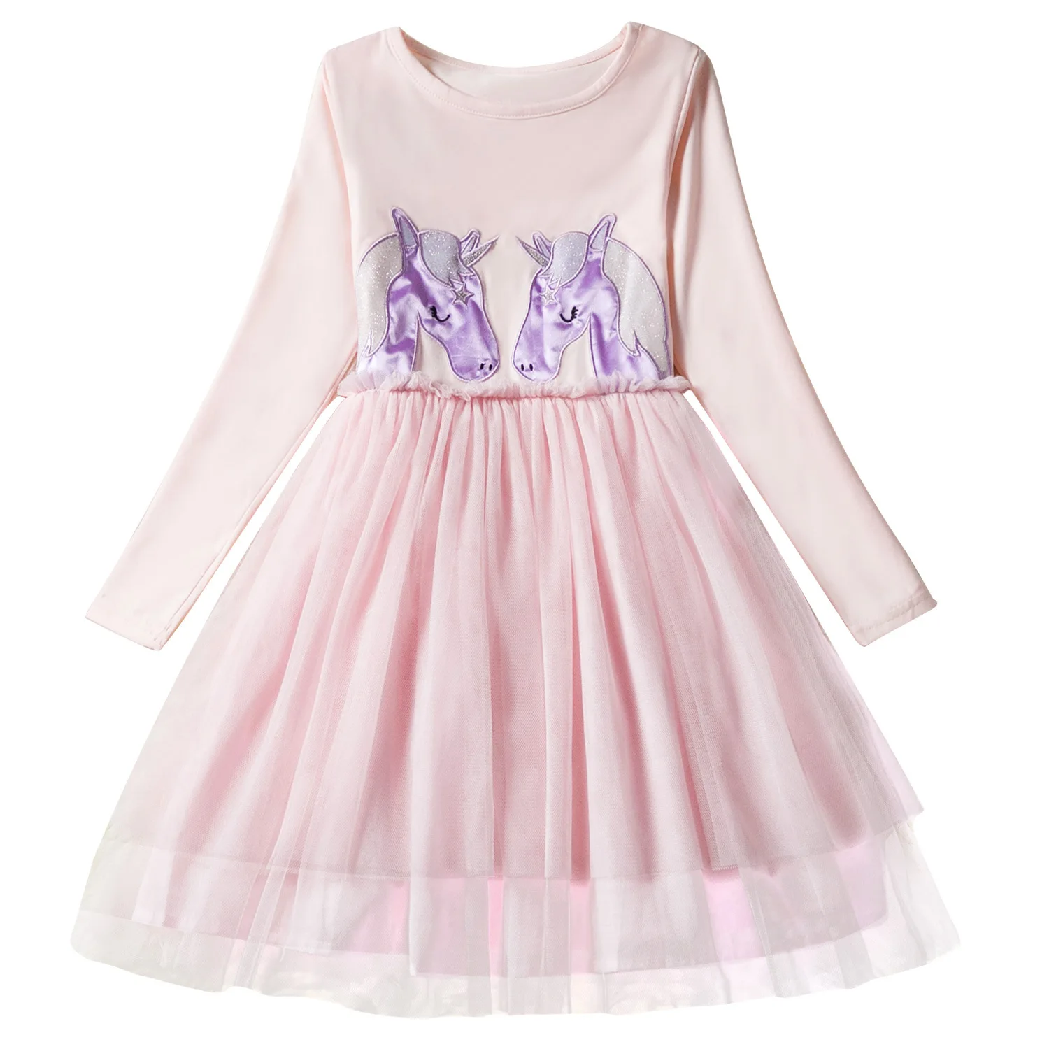 RA114371 New Fashion children's Girl Dress long sleeves pure color gauze Unicorn Dresses ...