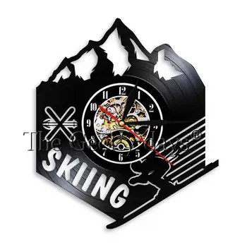 

Winter Sports Skiing Clock Made Out Of Real Vinyl Record Silent Movement Snow Mountain Ski Skiers Room Decor Wall Art Clock
