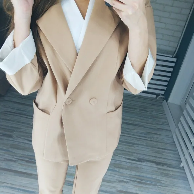 Women Fashion Two Piece Autumn New Style Simple Coat Female Camel Color Pure Two Pcs Set Loose Stylish Suit Femme