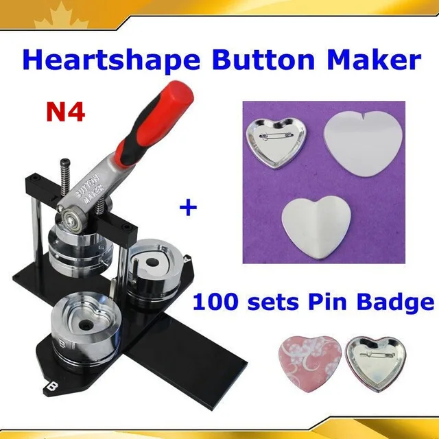 Сердце Форма Pro N4 57x52 мм Знак Button Maker машина со сменным Die Плесень+ 100 Наборы для ухода за кожей из металла pinback питания