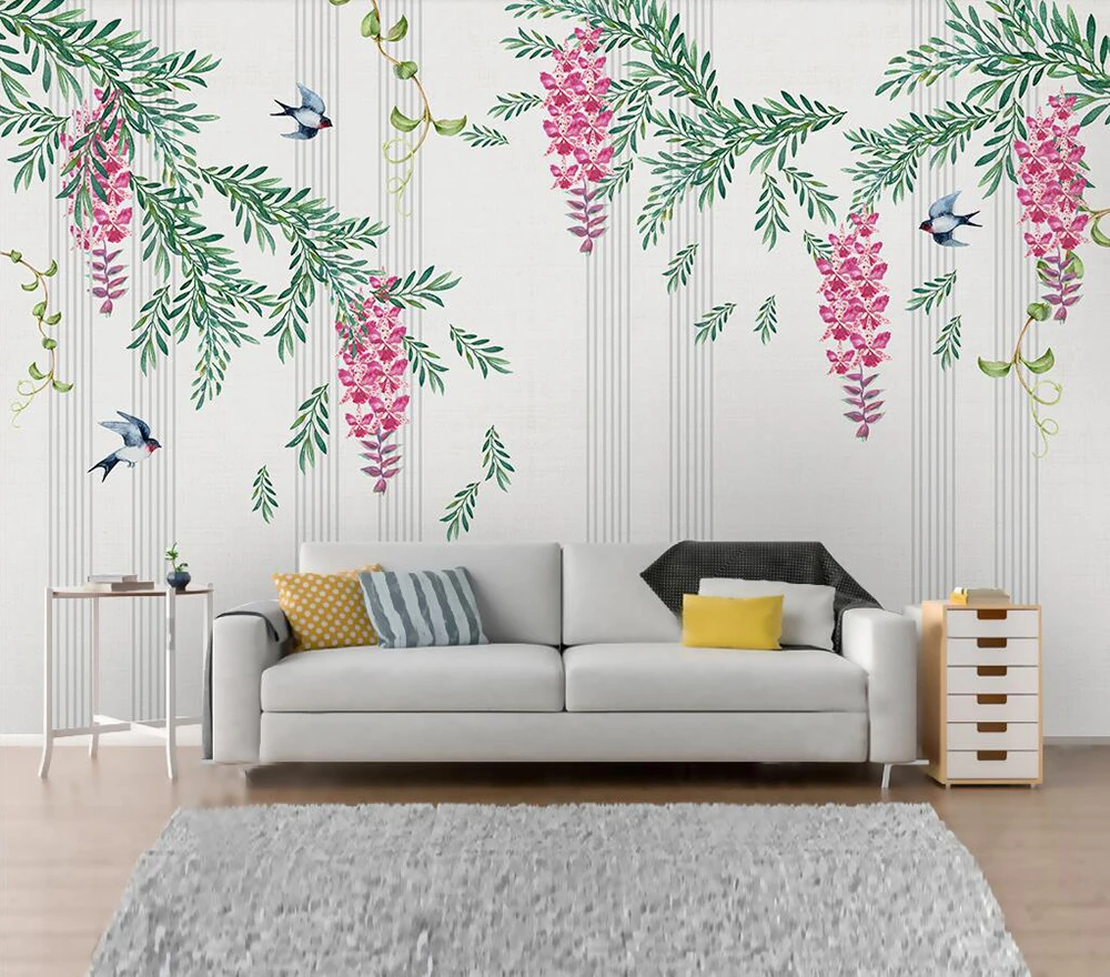 

Custom wallpaper Modern simple flowers and birds leaves background wall