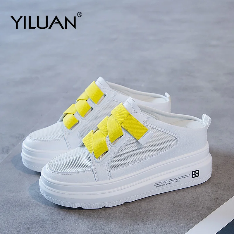 Женские сетчатые шлепанцы Yiluan белые кожаные туфли лодочки на платформе и каблуке