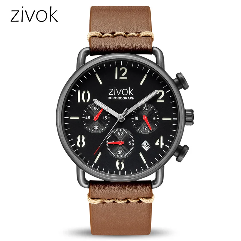 

zivok Fashion Sport Wrist Watch Men Chronograph Quartz Wristwatches Leather Strap Army Military Watches for Hour Time Clock