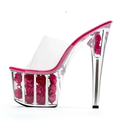 

Women Shoes Summer New Super High-heeled Shoes 2019 17CM Fine-heeled Waterproof Slippers Female Flower Transparent Crystal Shoe