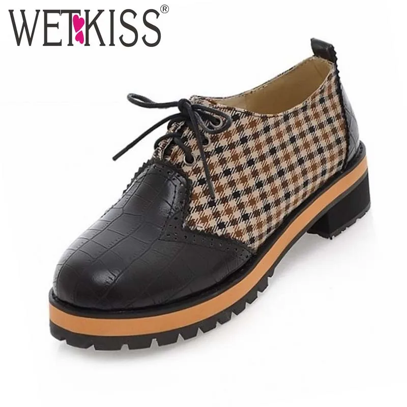 

WETKISS Big Size 32-43 Patchwork Lace up Round toe Oxfords Shoes Square Heels Flat Platform Women Shoes Spring Fall Shoes Woman