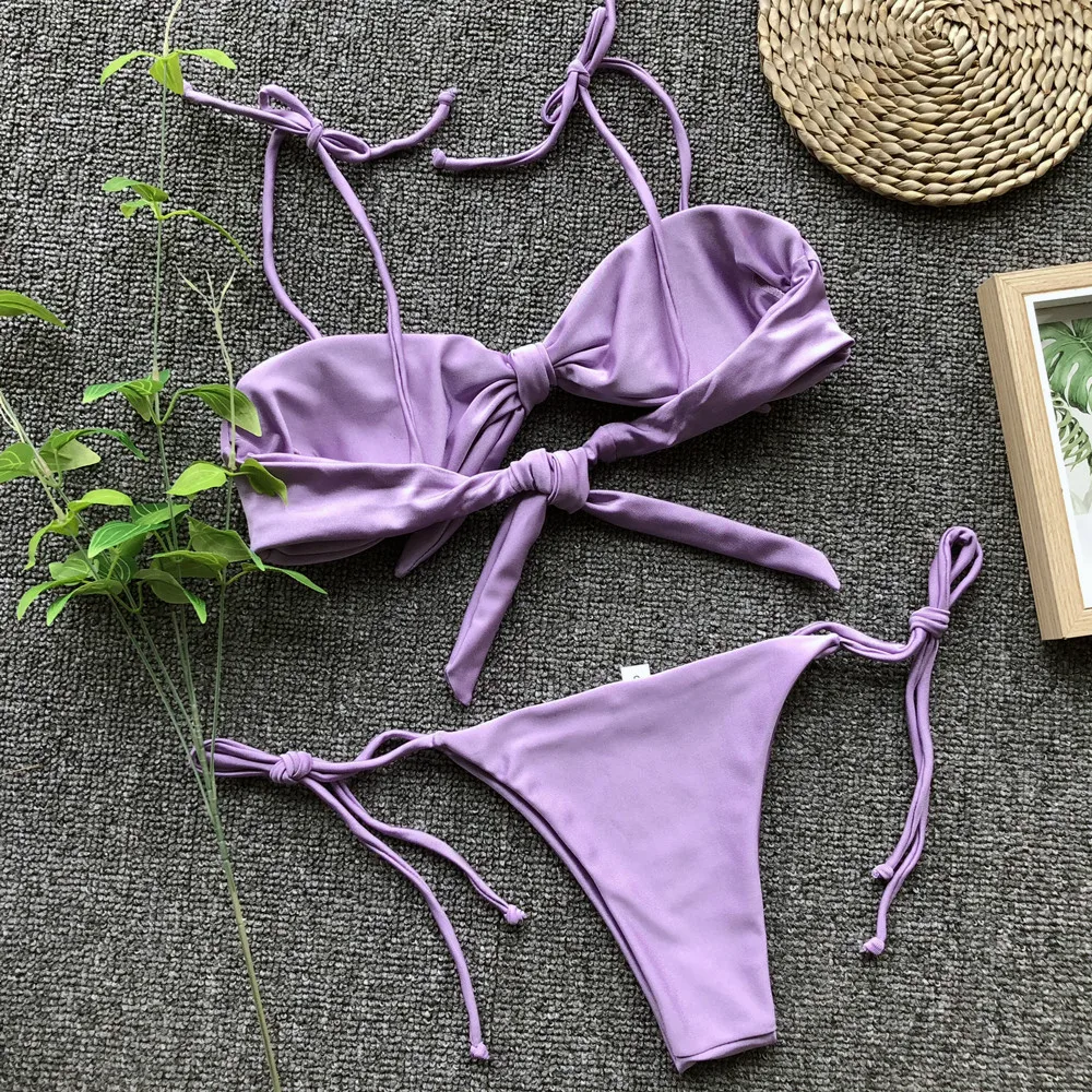 Purple Bow Knot Bikinis Monokini Bandage Micro Brazilian Bikini Set Bathing Suit Women Bandeau Swimwear Tie Front Swimsuit 2019