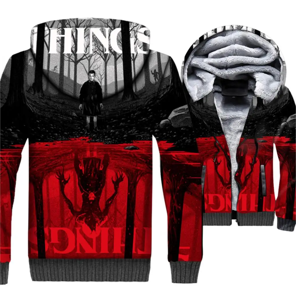

Mens Jacket 3D Print Two-worlds Hoodie Men Upside Down Hooded Sweatshirt Winter Thick Fleece Warm Zip up Hip Hop Coat