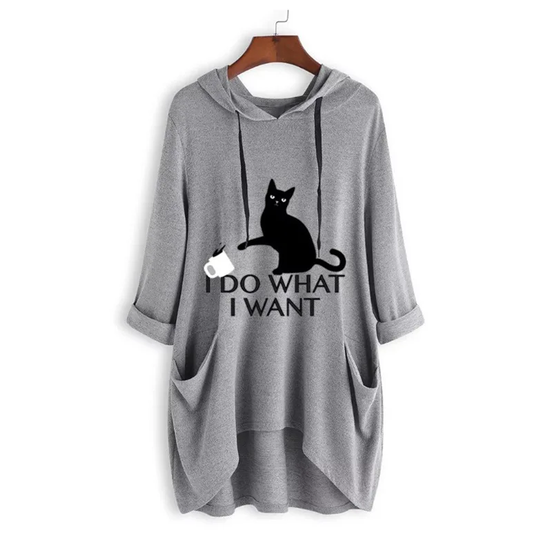 

Plus Size Hoodies Women Print Cat And Cup Ear Pattern Pocket Oversized Sweatshirt Fashion Autumn Kawaii Pullover