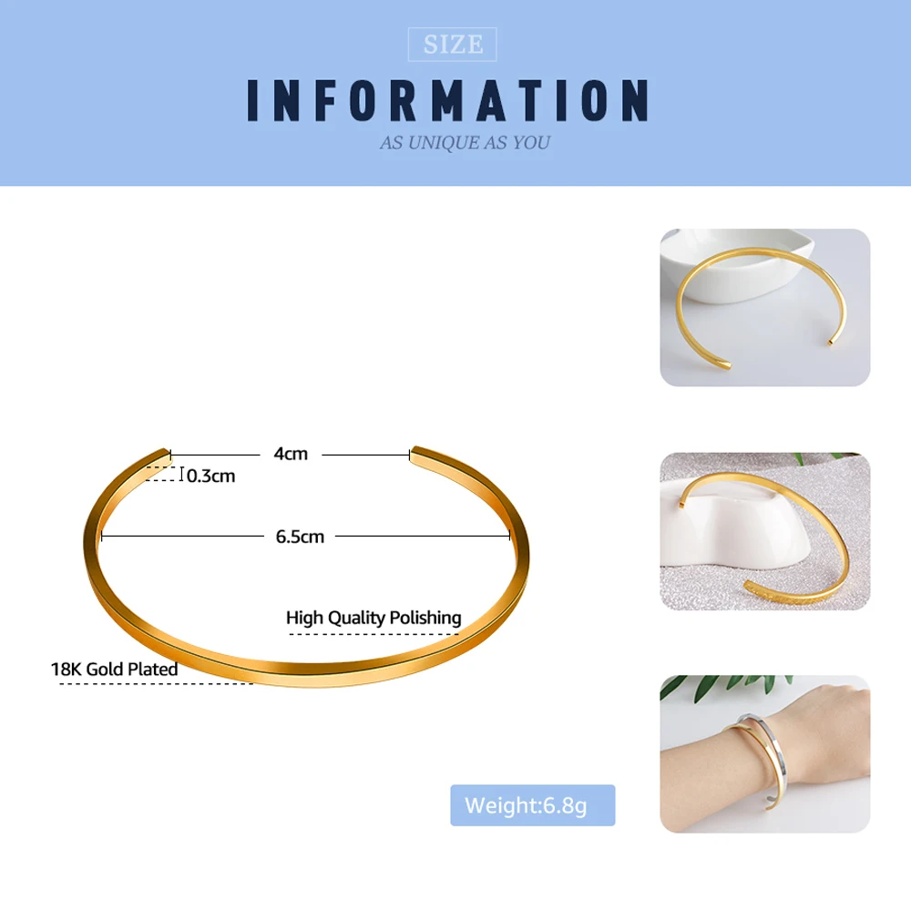 2018 New FINE4U B017 316L Stainless Steel Cuff Bangle & Bracelet Gold/Steel Color Open Bangle Bracelet For Men Women Unisex Gift