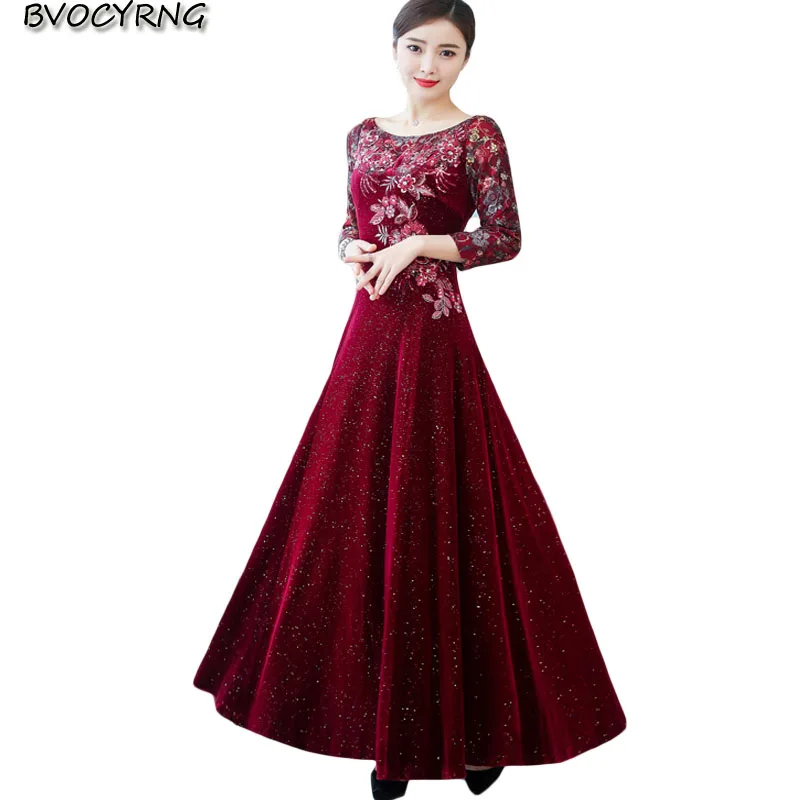 

2019 lace embroidered gold velvet dress female new plus size slim long Big swing dress women long-sleeved Autumn bottom dresss