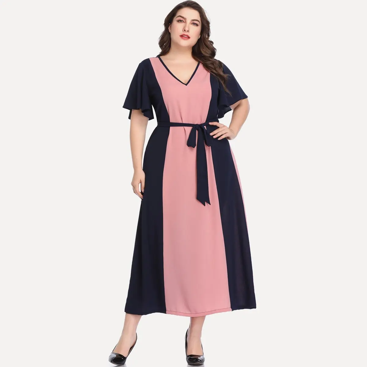 

Elegant Plus Size Dress Women Sweet Maxi Dress Summer Casual Patchwork Office Dress Sexy Ladies V Neck Sashes Vestidos Mujer