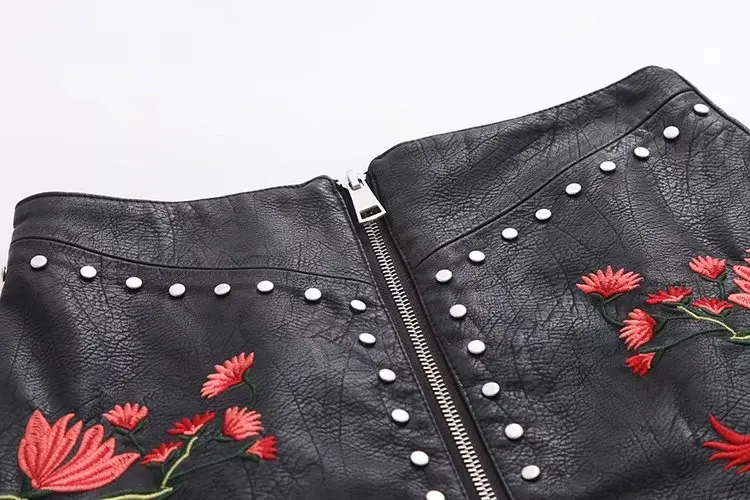 Женские юбки с цветочной вышивкой заклепками искусственная кожа дизайн Faldas
