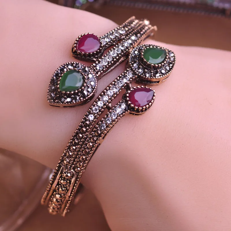 Blucome Винтаж зеленая ветка браслеты с цветами красный резина для дождя Для женщин леди браслет ручной кристалл Турецкая Jewelry подарки - Окраска металла: green
