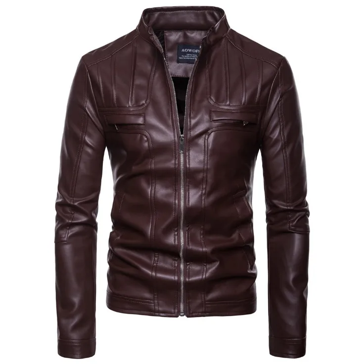

Europe/US size 2019 Motorcycle Leather Jacket Men New Autumn Stand Collar Zippers Leather Jacket Male Handsome PU Coat