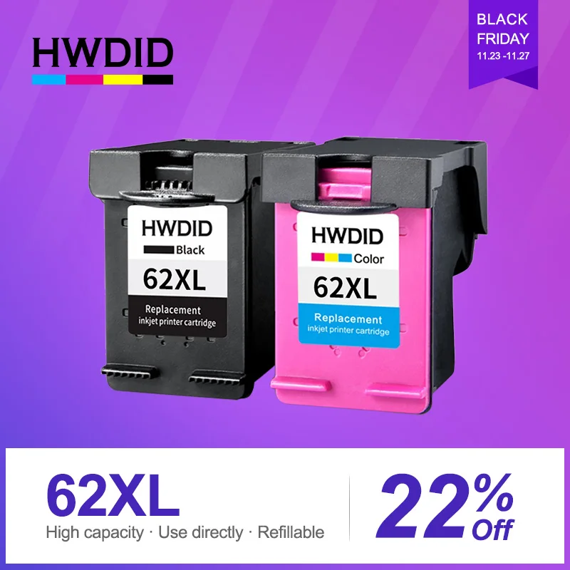 HWDID 62XL Refilled Ink Cartridge Replacement for HP 62 XL cartridge