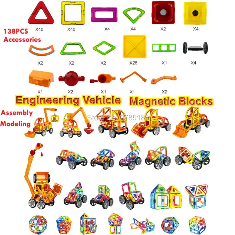 

Magnetic Designer Engineering vehicle Cars 138PCS 3D Magnetic Construction Building Toy DIY Bricks Educational Toys For Children