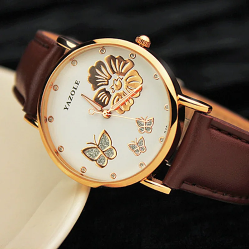 Лидирующий бренд YAZOLE модные часы с бабочкой из розового золота Женские часы Роскошные Стразы кварцевые часы Hour montre femme reloj mujer - Цвет: brown 2