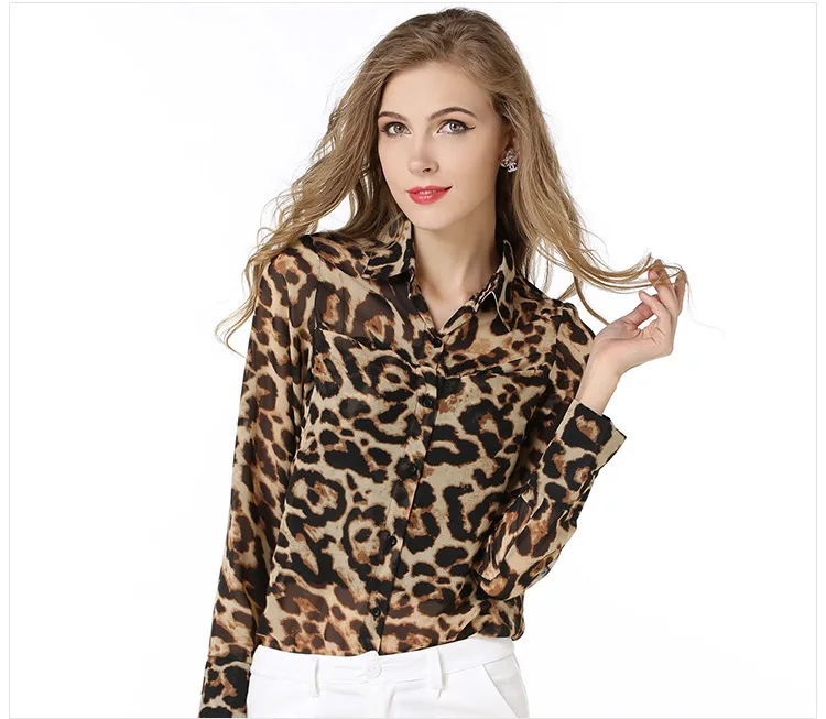 Leopard single-breasted long-sleeved blouse in Blouses & Shirts