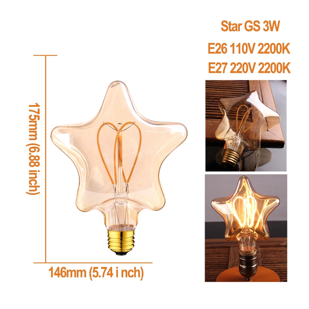 GANRILAND E14 E27 светодиодная лампа 110 V-240 V с регулируемой яркостью, светодиодный светильник накаливания, ультра теплый 2200K Золотой Эдисон, спиральные лампы, ампулы, светодиодные E27 - Испускаемый цвет: Star E26 E27