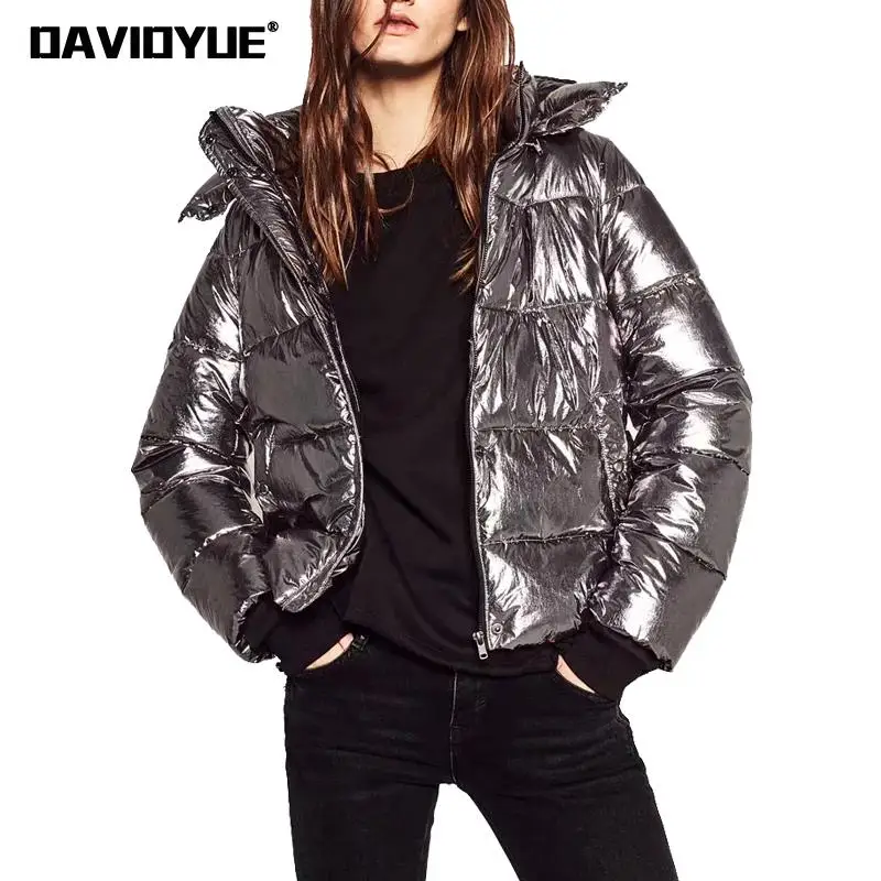 Kopen 2018 winter parka jas vrouwen warm Zilver metalen capuchon donsjack vrouwelijke Parka Straat rits lange mouwen winter jas vrouwelijke